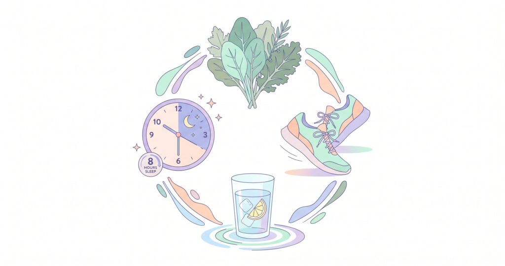 Editorial illustration of natural A1C lowering: vegetables, dumbbells, water glass