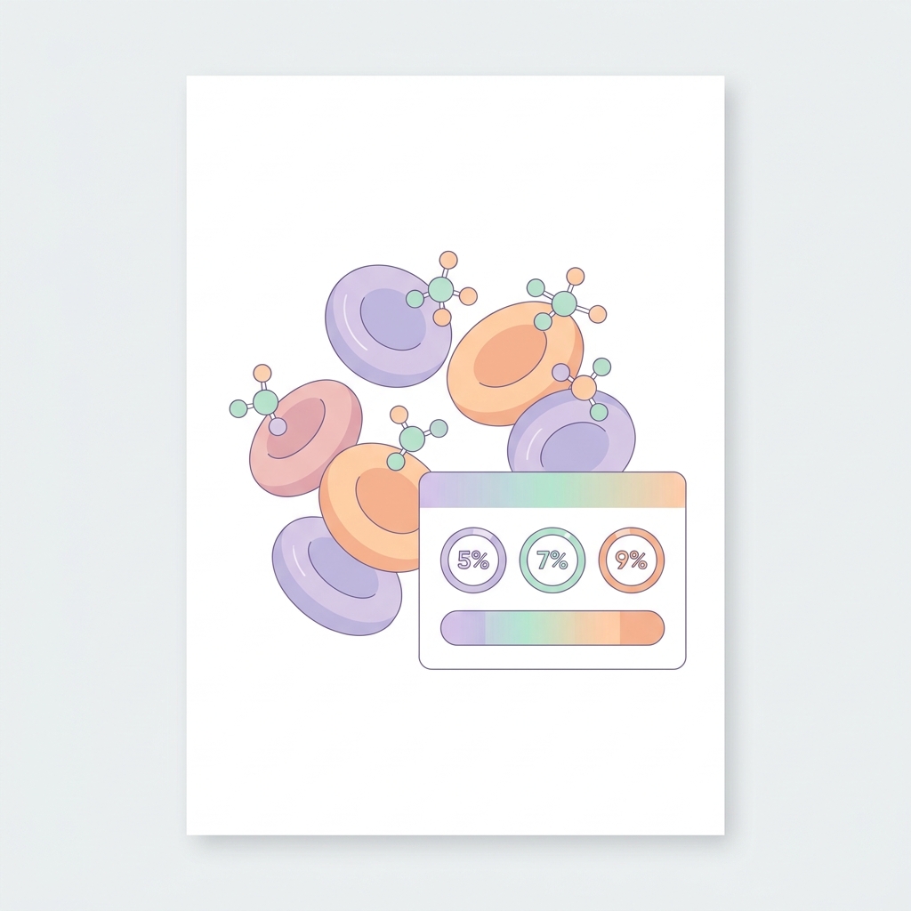 Stylized illustration of an A1C lab test result with red blood cells and a glucose molecule